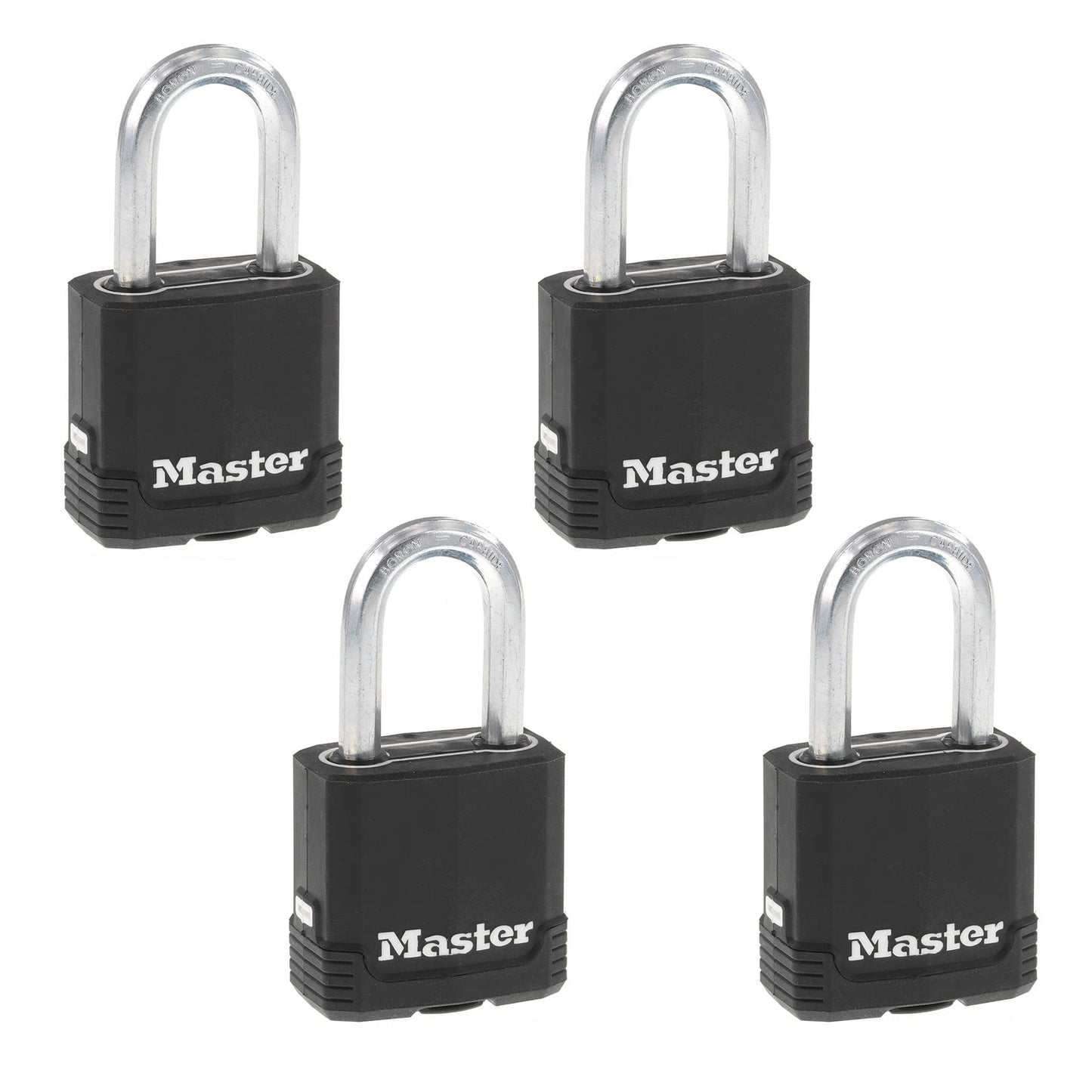 Master Lock Black Key Lock, Heavy Duty Weather Resistant Padlock with Cover, Keyed Alike Padlocks for Outdoor Use, 4 Pack, M115XQLF