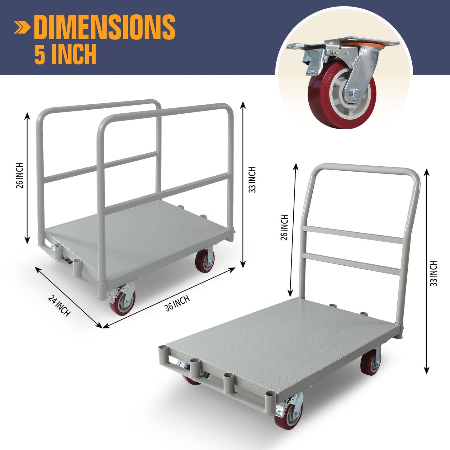 2-in-1 Heavy Duty Platform Truck Push Cart Dolly, Industrial Foldable Large Flatbed Cart with Wheels, 2 Side Handrails for Groceries, Garage, Warehouse Loading and Storage