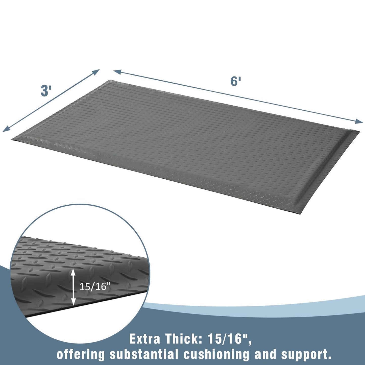 ISXACFF Anti Fatigue Mats Industrial 3' x 6' 15/16" Thick Ergonomic Standing Mat Commercial Kitchen Mat Heavy Duty Diamond Plate Shop Floor Mats Helps Relieve Back and Leg Soreness, Grey