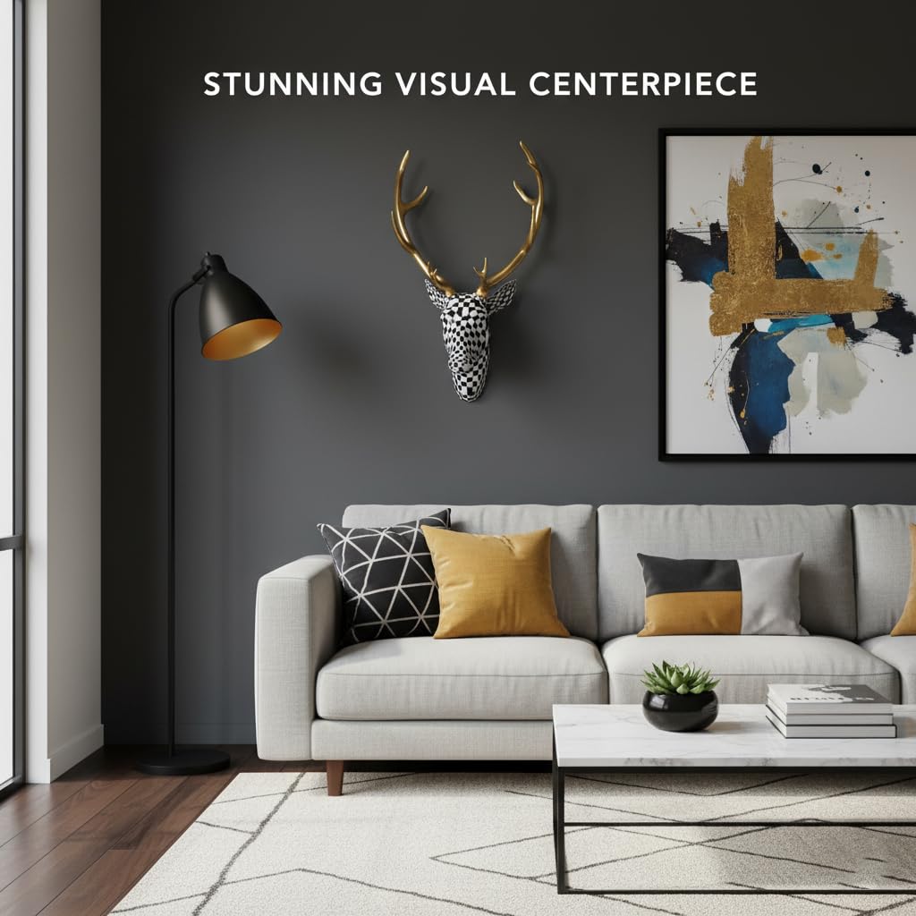 XYZWOMN Deer Head Wall Decor, 15.7 Inch Faux Resin Animal Head Wall Mount with Gold Antlers, Modern Mosaic 3D Wall Art Sculpture for Living Room Bedroom Home Decoration, Black and White
