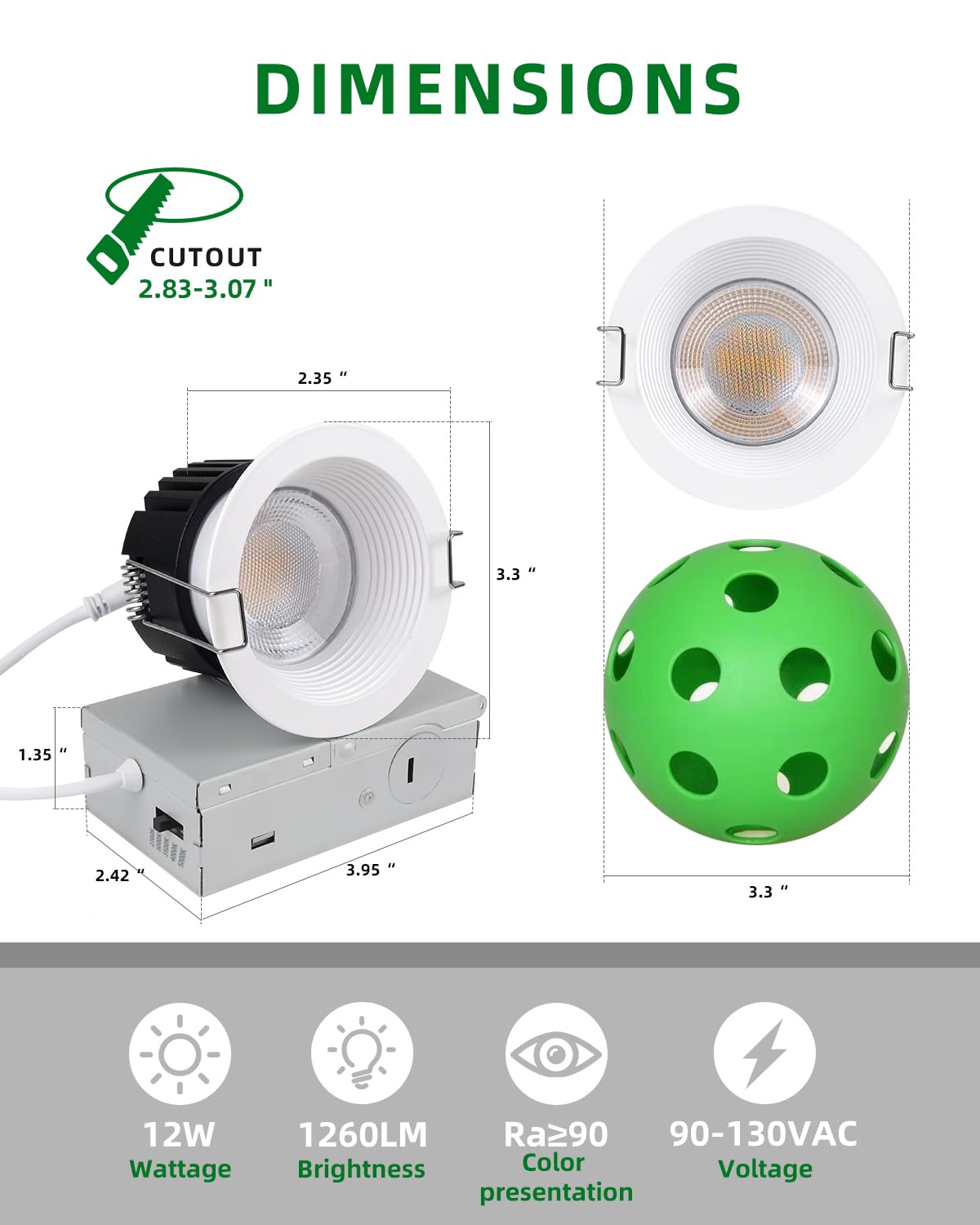 zouzai 3 Inch Anti-Glare LED Recessed Downlight with Junction Box, 5CCT Selectable 2700K/3000K/3500K/4000K/5000K, Dimmable, IP65 Waterproof for Shower, 12W COB, CRI90+, (White, 3 inch 【12 Pack】)