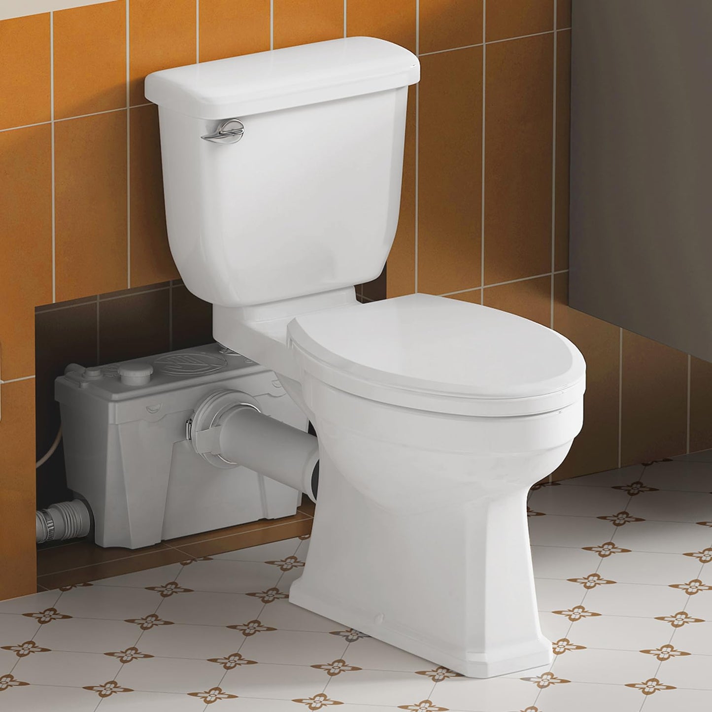 Macerating Toilet Kit/Combo for Upflush System, Toilet with Pump, Heated Toilet Seat, Quiet Copper Motor Sewage Macerator Pump with 4 Inlets for Basement/Sink/Shower, 23ft Lifting Up