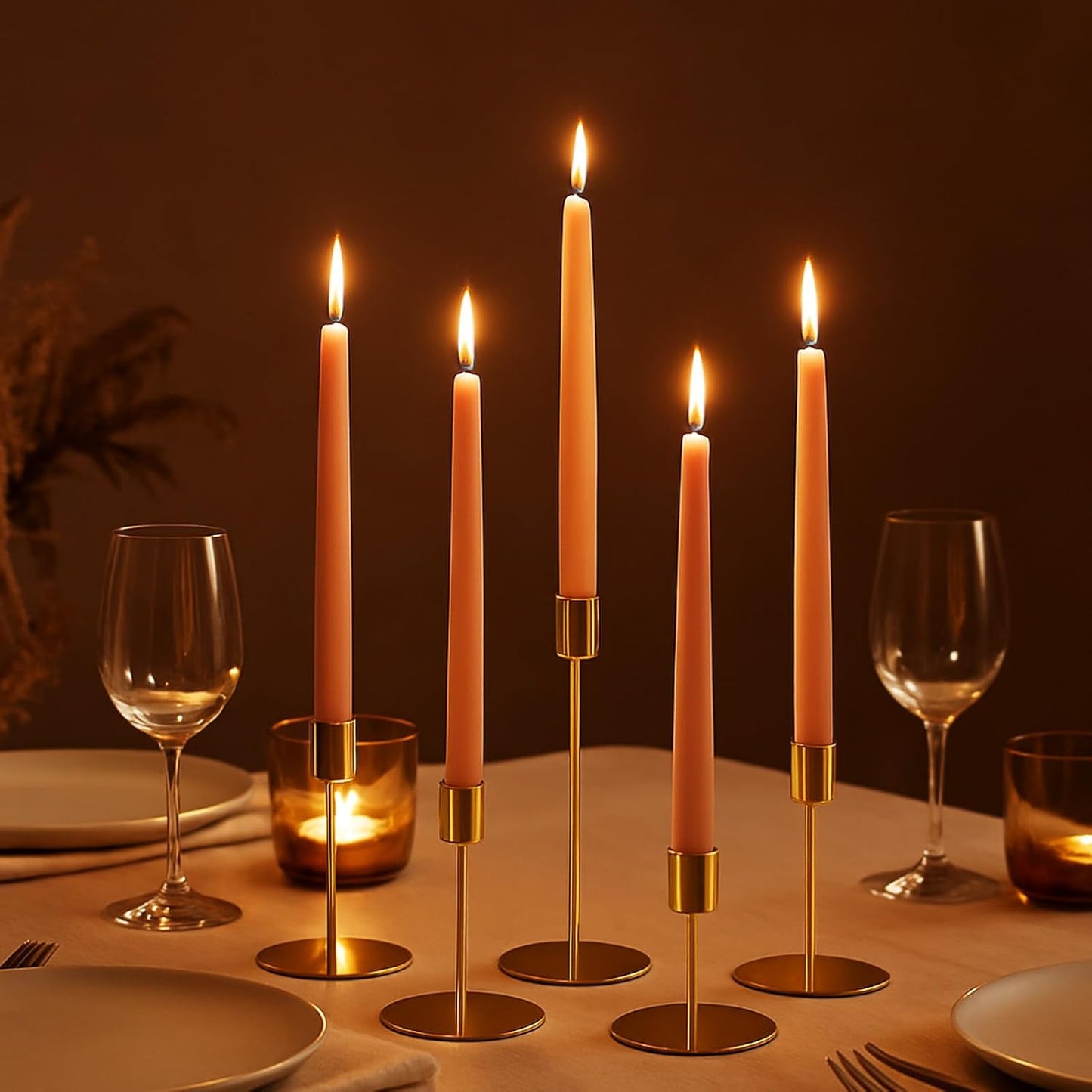 Smtyle Gold Taper Candle Holders - Set of 5 Matte Finial for Elegant Wedding & Dining Table Decor