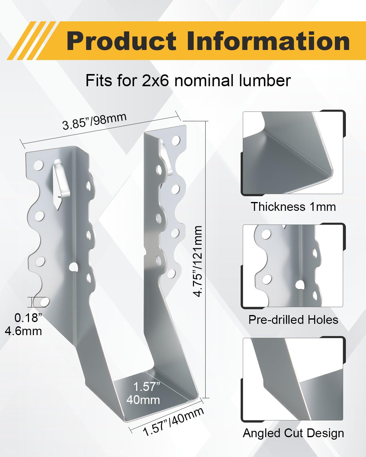 Hsddmx 50 Pcs 2x6 Joist Hangers for Wood, 20 Gauge Galvanized Face Mount Joist Hangers, Heavy Duty Hurricane Ties for Rafters Roofs Decks Floors Ceilings
