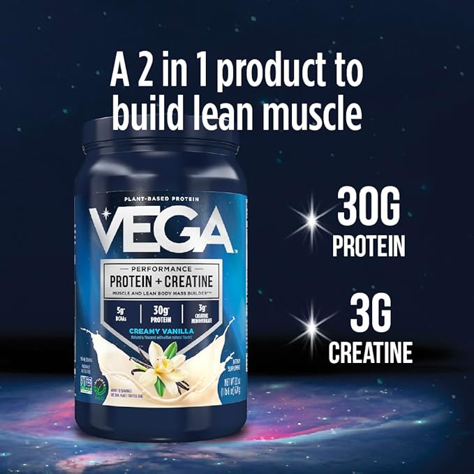 Vega Protein + Creatine - 30g Plant-Based Protein, Chocolate, 20 Servings, 3g Creatine, 5g BCAAs, Vegan, Keto, Gluten Free, Dairy Free, Low Carb, for Muscle Growth & Repair, Drink Mix, 36oz