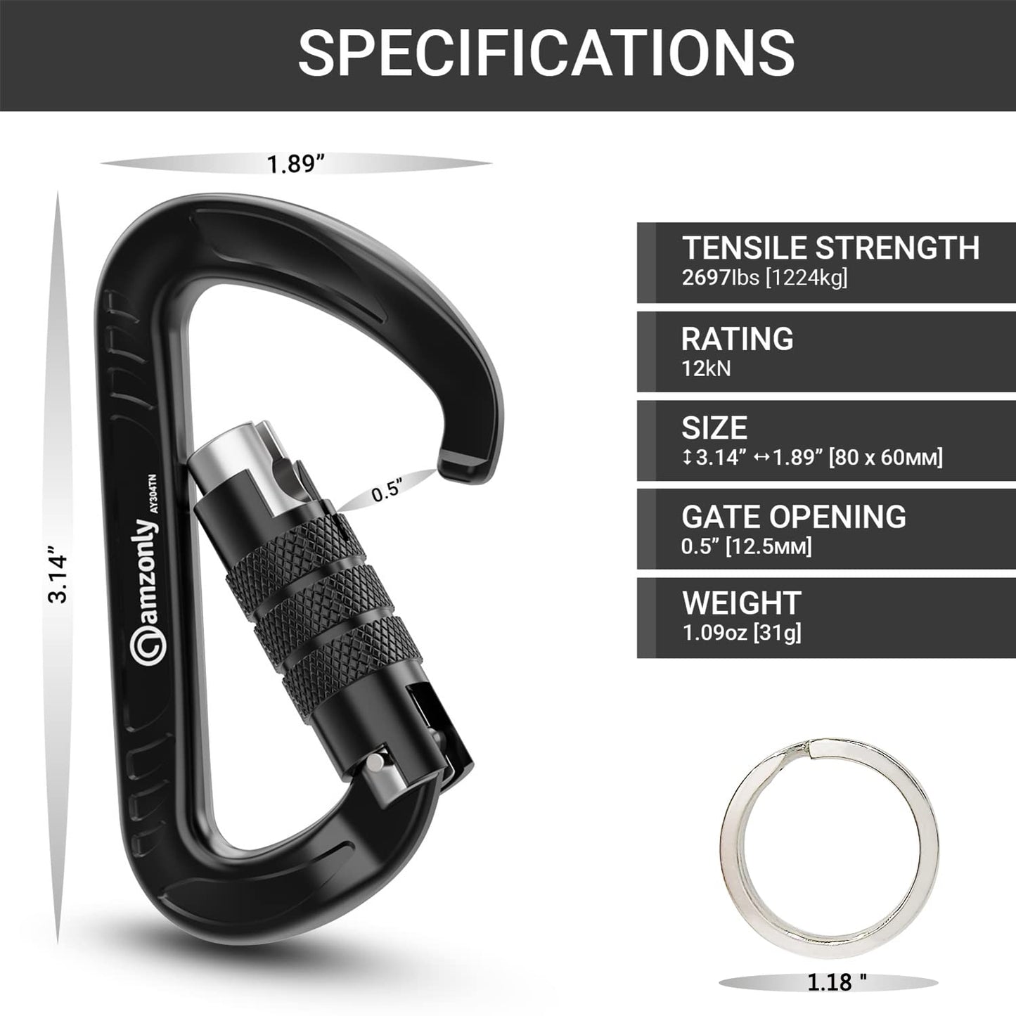 3inch Auto Locking Carabiner Clips Heavy Duty, 12KN /2697lbs Lightweight keychain carabiners, Sturdy Twist Lock Caribeeners for Camping Hiking Hammock Swing Backpack, dog leash and Harness etc, Black
