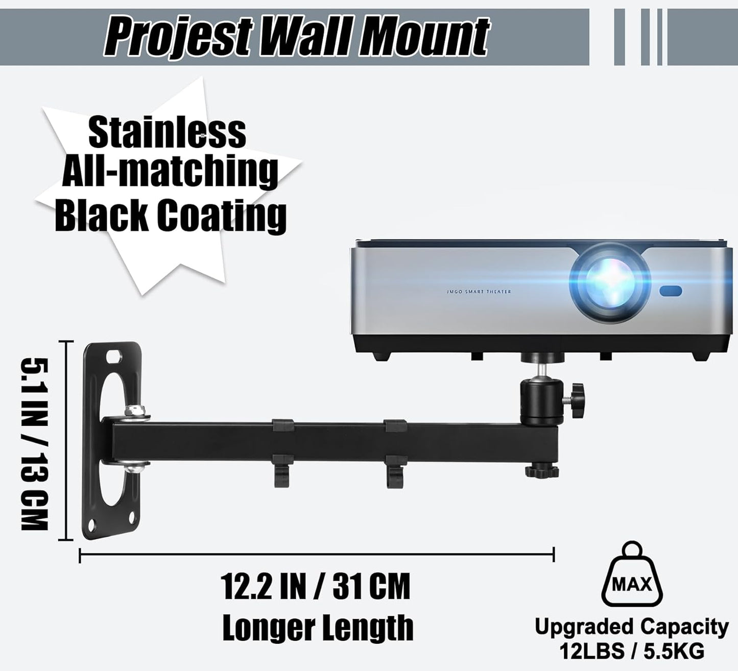 2-Be-Best 12IN 31CM 1/4" M4 M6 Projector Wall Mount Ceiling Projector Mount Longer Length / Wall Projectors Mounts