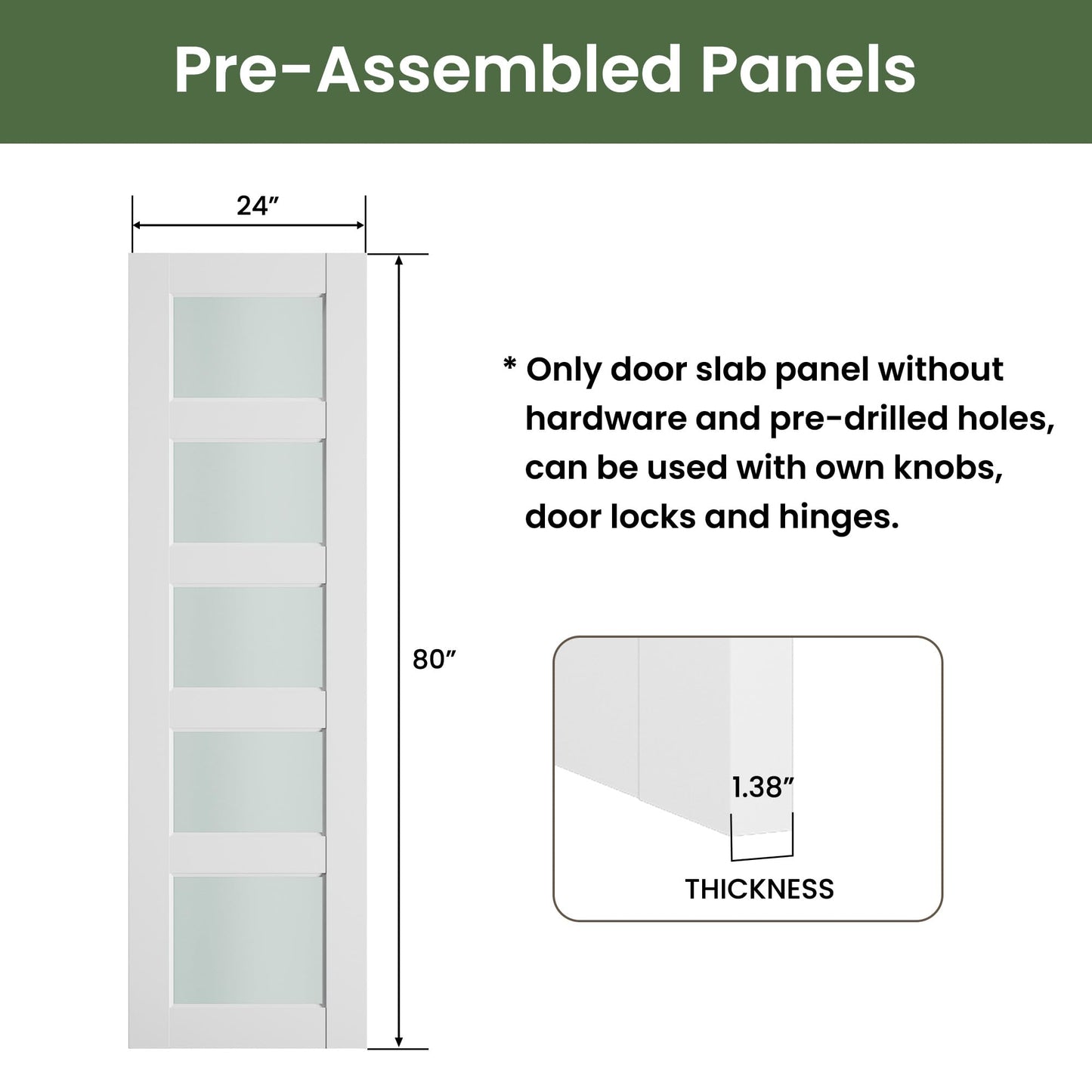 SMARTSTANDARD 5-Panel Frosted Glass Interior Door Slab, 24" x 80" Slab Door for Pantry Pocket Laundry Bathroom French, Solid Core Pre-Assembled Panel Without Hardware, White