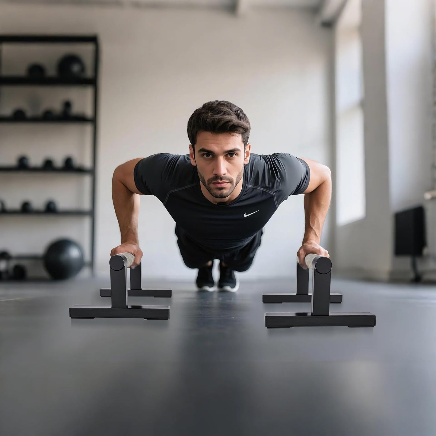 Purife T Shape Floor Stand Wood Push Up Handle Calisthenics Bars, Strength Training Pushup Stands Parallettes Bars with Sturdy Metal Bracket for Home Workouts