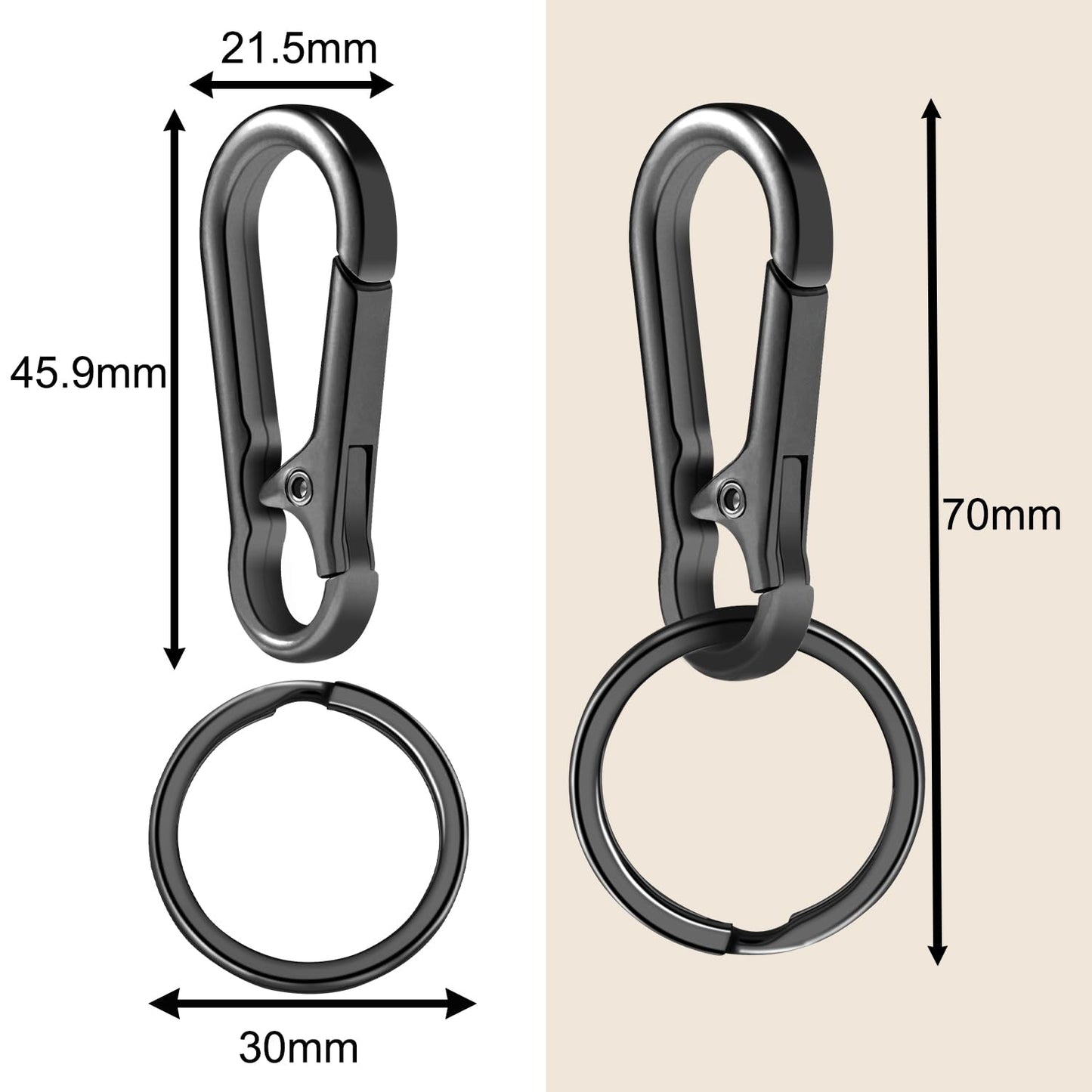 2pcs Metal Keychain Rings, Sturdy Key Chain Ring Carabiner Clip, Key Holder Organizer for Purse Charms Hook, Paracord Keychain Lanyard, Men and Women Home Car Keyrings (Black)