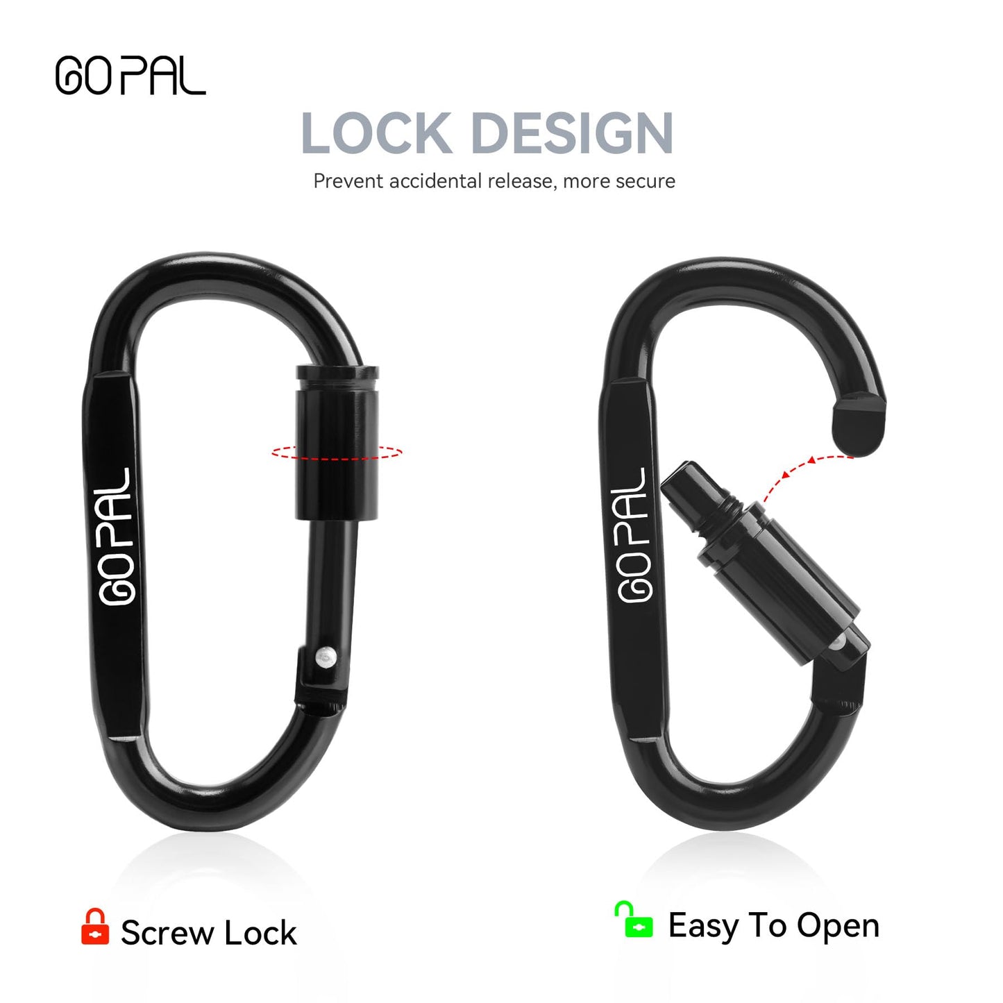 Locking Carabiner Clip：3.15" Large Carabiners Clips - 280lbs Heavy Duty Black Caribiner for Keys, Water Bottle, Backpack, Dog Leash, Travel, Aluminum Carbineers Keychain D Ring Hook 6PCS