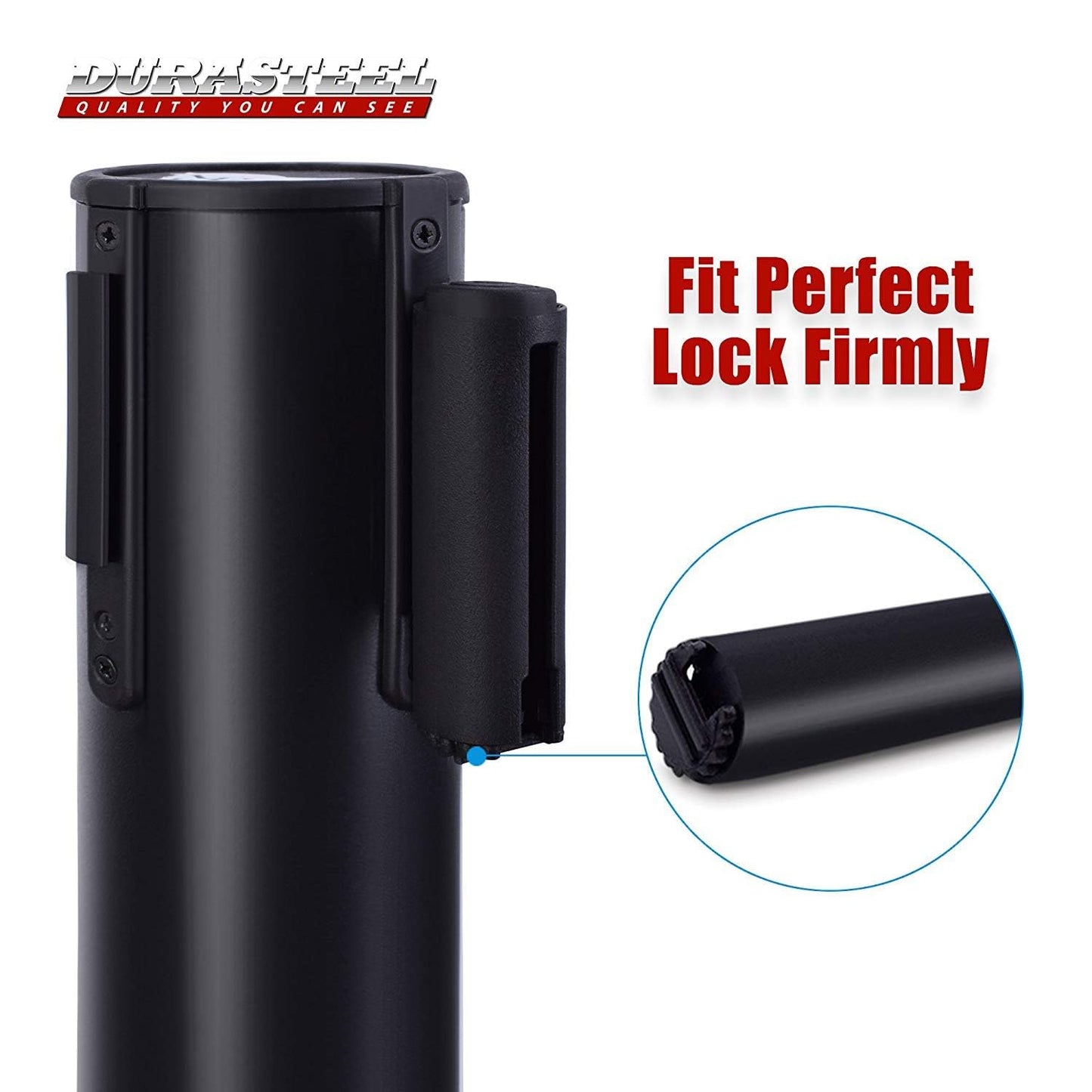 DuraSteel Black Crowd Control Barriers Stanchions with Retractable Belts - Metal Stanchion Posts w/ 6.5ft Black Retractable Barrier Belt Ropes - Queue VIP Safety Line Dividers - Set of 6 Stantions