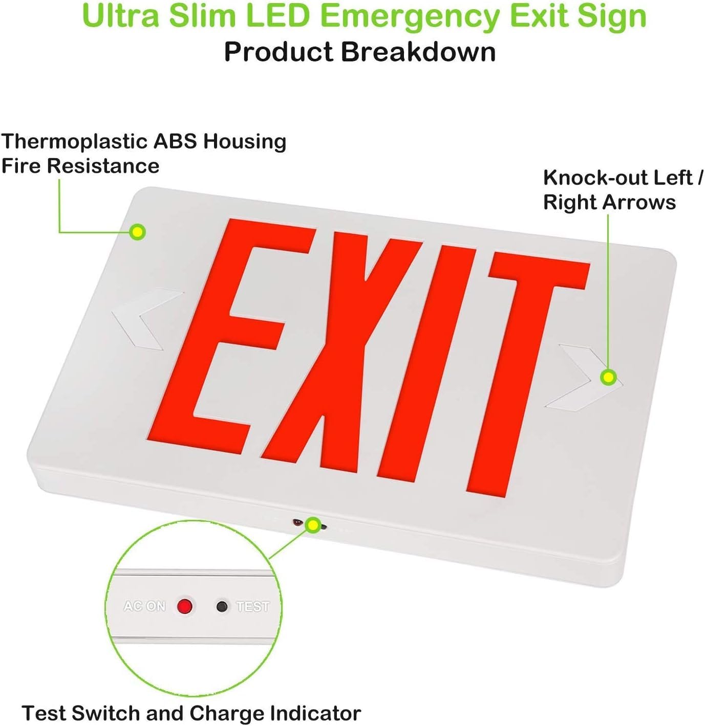 Litufine Ultra Slim LED Exit Sign, Red Letter Emergency exit Lights, 1.6W, 10lumens Universal Mounting Double Face (1-Pack)