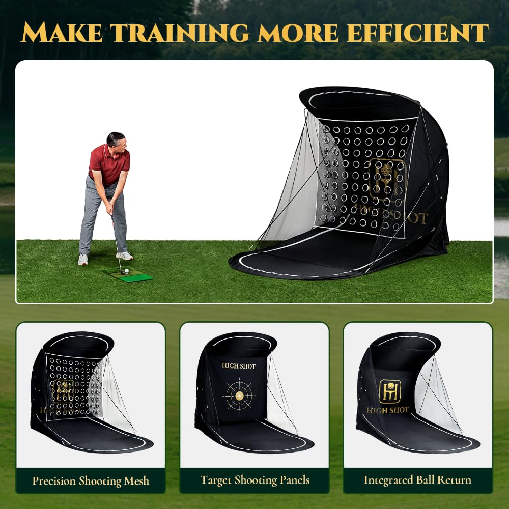 High Shot Golf Practice Net with Ball Return and Two Interchangeable Target Nets - 7.5 ft x 6 ft x 9.5 ft Heavy Duty Dual Golf Hitting Net System with Canopy for Indoor and Outdoor Use
