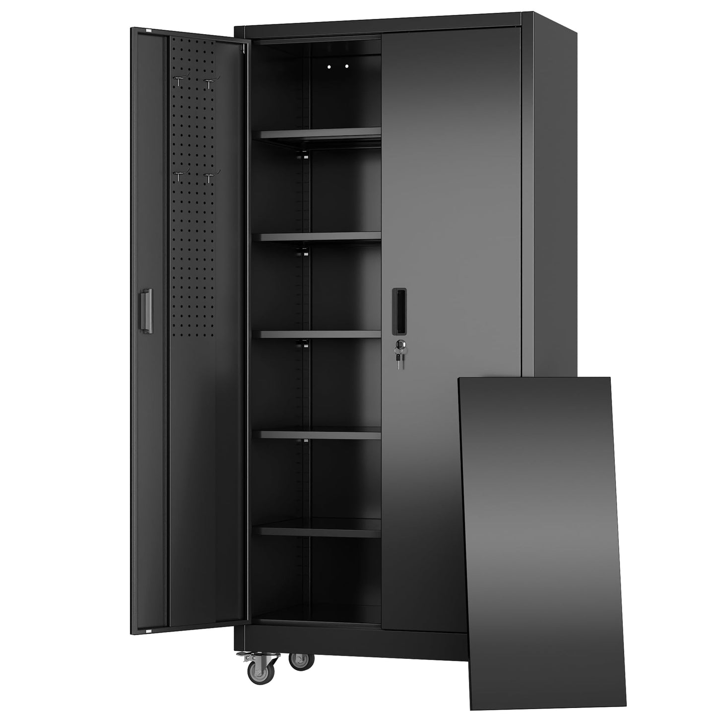 Aobabo Garage Storage Cabinet with Door Pegboard,Lockable Metal Storage Cabinet with 5 Adjustable Shelves for Garage Home,Required Assembly,Black