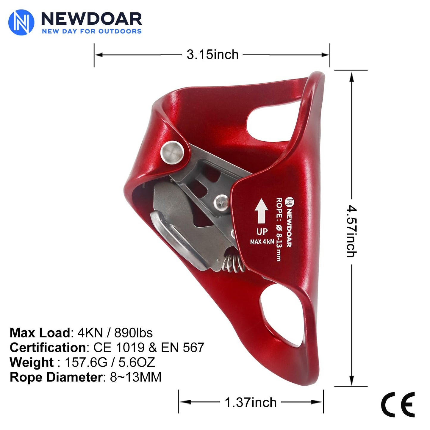 NewDoar Rock Climbing Chest Ascender Abdominal for Vertical Climbing - CE Certified Rope Clamp for 813MM Rope (Red)