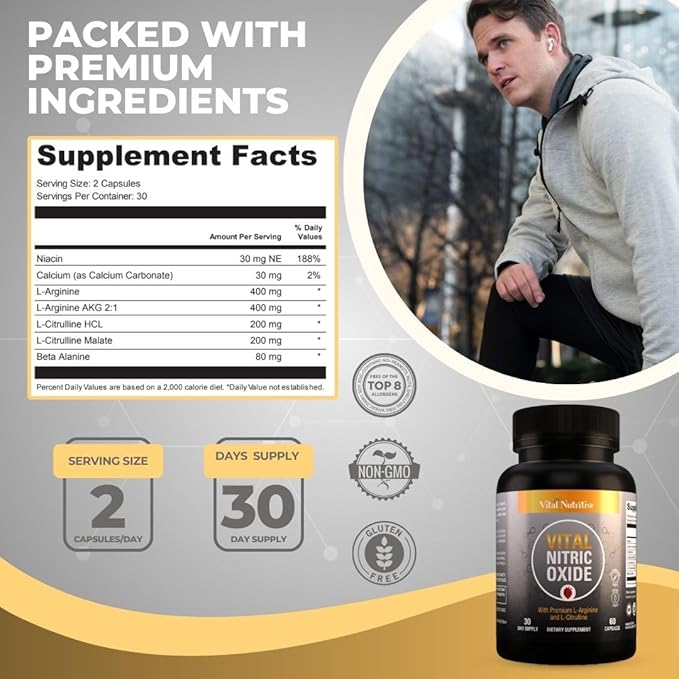 Vital Nitric Oxide Supplements for Men - Workout Booster Supplement for Men - Nitrous Oxide Boost Blood Flow, Blood Pressure, Energy & Workout Performance with L Arginine L Citruline-30 Days Supply