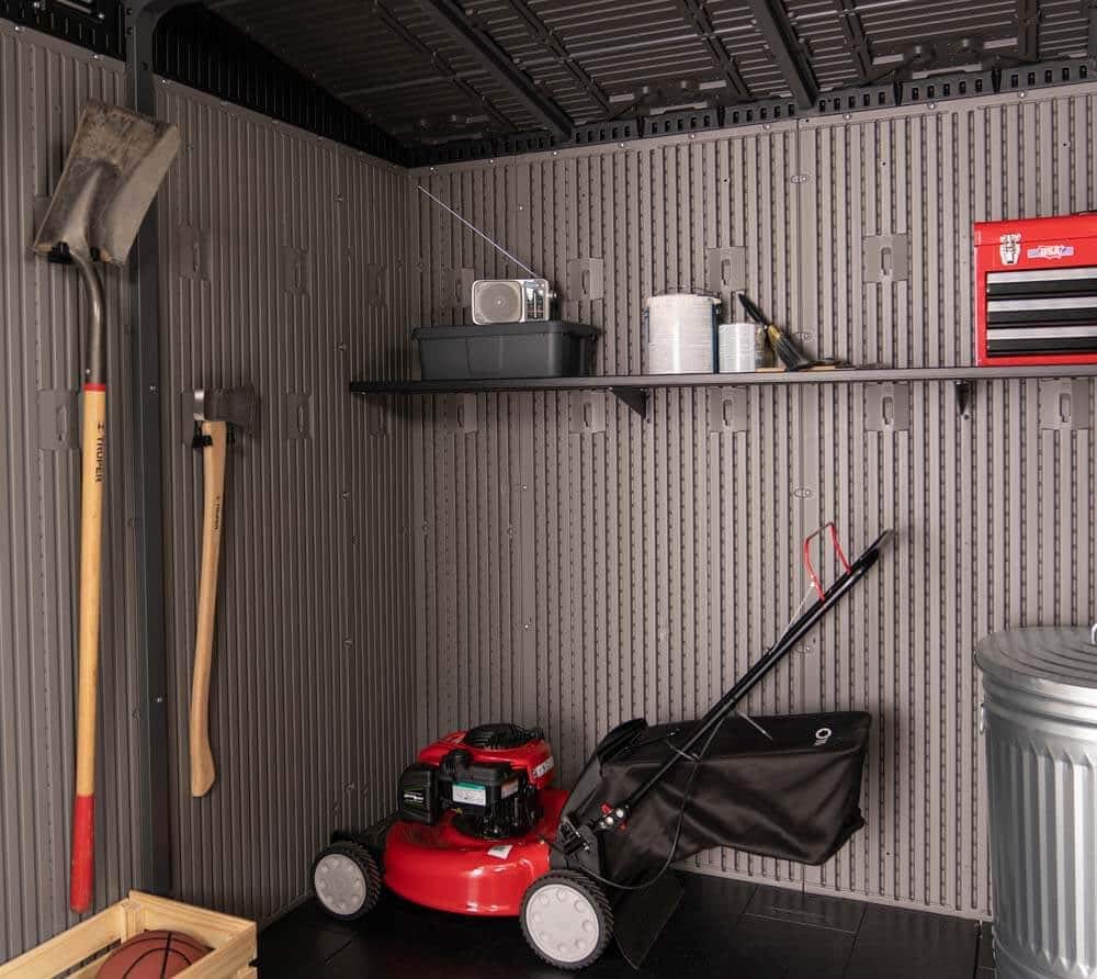 Lifetime 8.3 x 8.3 Ft Modern Outdoor Storage Shed with Clerestory Windows, Steel Reinforced, Lockable Doors, Adjustable Shelf and Wall Hooks, UV-Protected, Gray