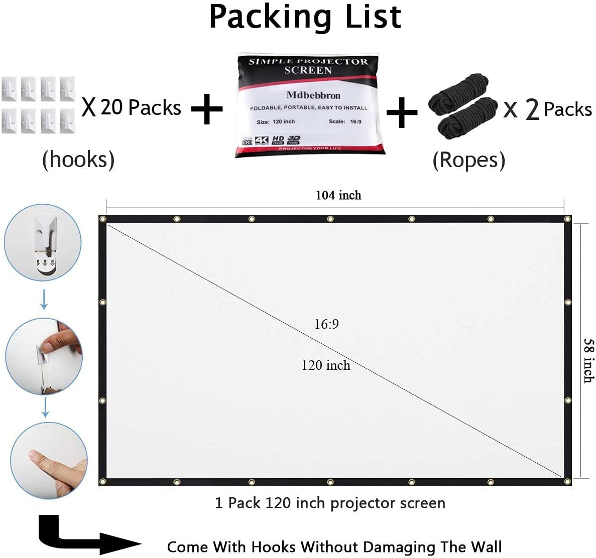 Mdbebbron 120 inch 16:9 Projector Screen Foldable Anti-Crease Portable Projector Movies Screens for Home Theater