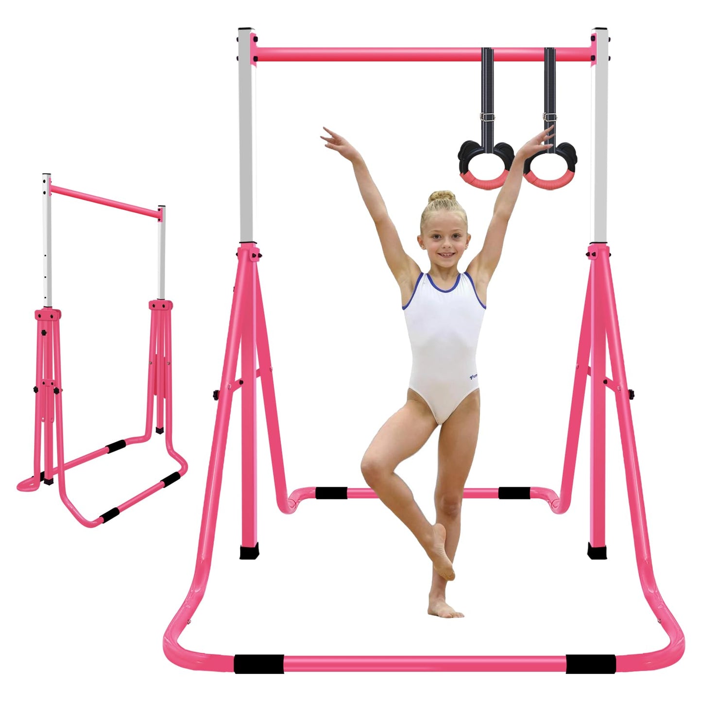 QILEBA Gymnastics Bar for Kids, Adjustable Height Gymnastic Horizontal Bars, Folding Gymnastic Junior Training Monkey Bars Equipment for Home Indoor/Outdoor Using, Pink
