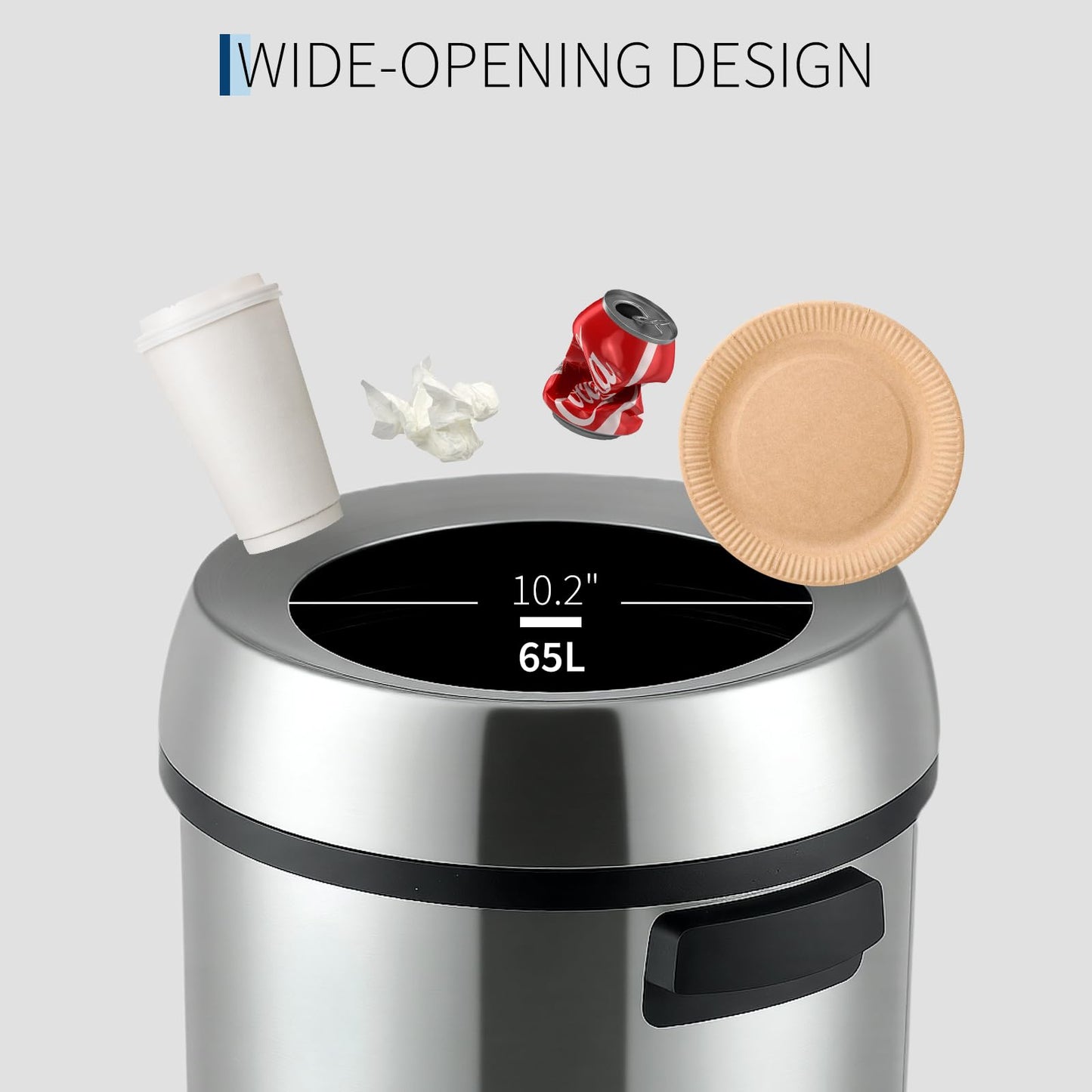 Towallmark 65L/17Gal Heavy Duty Open Top Commercial/Kitchen Trash Can, Fingerprint-Resistant Waste Bin for Office Bedroom Restaurant, Brushed Stainless Steel