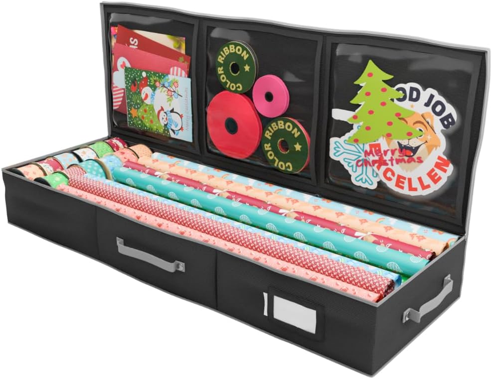 Primode Wrapping Paper Storage Container - Under Bed Gift Wrap Organizer | 41”x14”x6” | Holds 18-24 Rolls Up to 40” | Durable 600D Oxford Material | Pockets for Ribbons and Bows (Black)