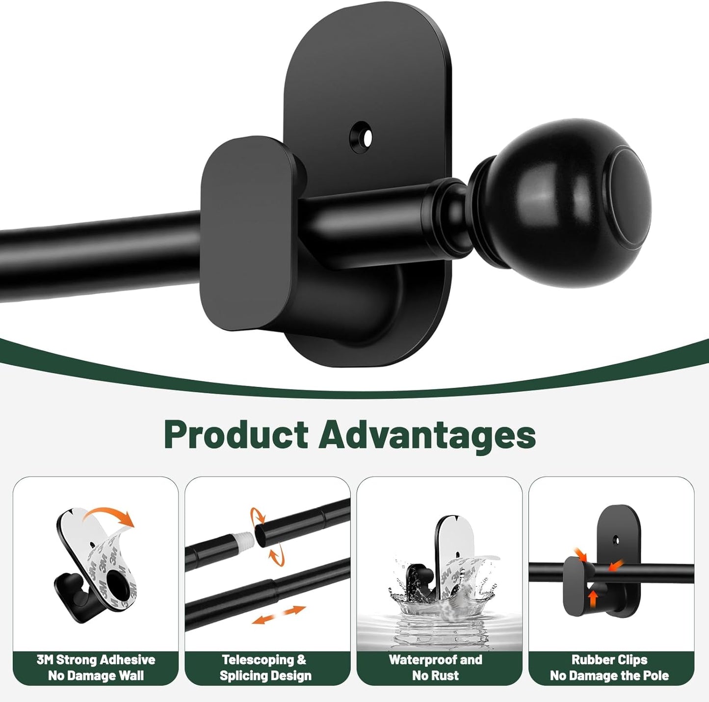 USFOOK No Drill Curtain Rods - 48 to 84 Inches | 5/8 Inch Adhesive Drapery Rod with Round Finials