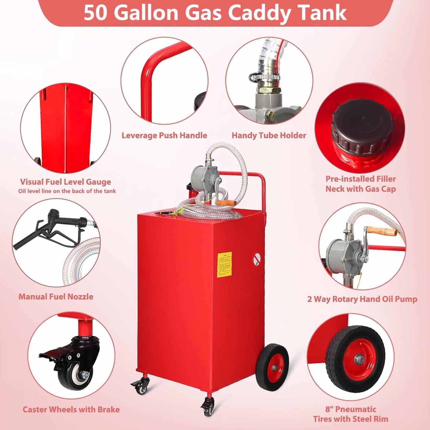 Garvee 50 gal Fuel Caddy with Manual Pump – Heavy Duty Gasoline & Diesel Transfer Tank On 4 Wheels, Spill-Proof Portable Fuel Container for Boat, Truck, Lawn Mower, ATV, Garage & Farm – Red