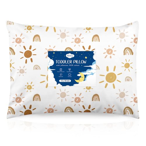 Babebay Toddler Pillow - 13x18 Machine Washable Kids Pillow with Case | Perfect for Travel - Sunshine Rainbow
