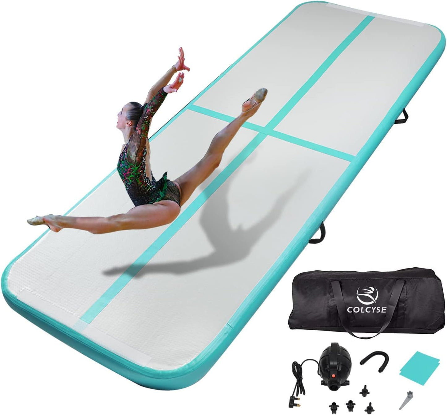 Agilepeak Inflatable Gymnastics Tumbling Mat, 4/8 Inch Thick 10/13/16/20/23FT Training Mat with Electric Air Pump, Non-Slip Waterproof PVC for Home Gym Outdoor Cheerleading Yoga Taekwondo (Mint Green, 10ft*3.3ft*4in(3*1*0.1M))