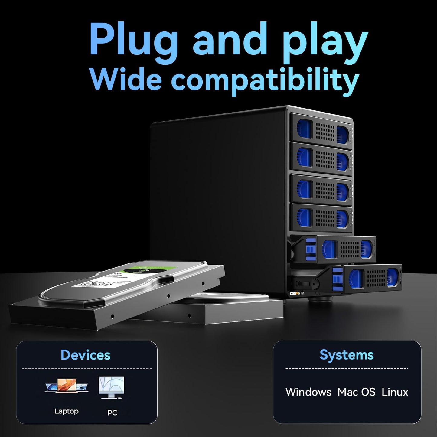 CENMATE Aluminum 6 Bay 10Gbps HDD Enclosure with Cooling Fan for 2.5“/3.5" SATA HDD/SSD with USB A/C 3.2 Gen 2, Support Hot Swappable, Tool-Free Hard Drive Enclosure