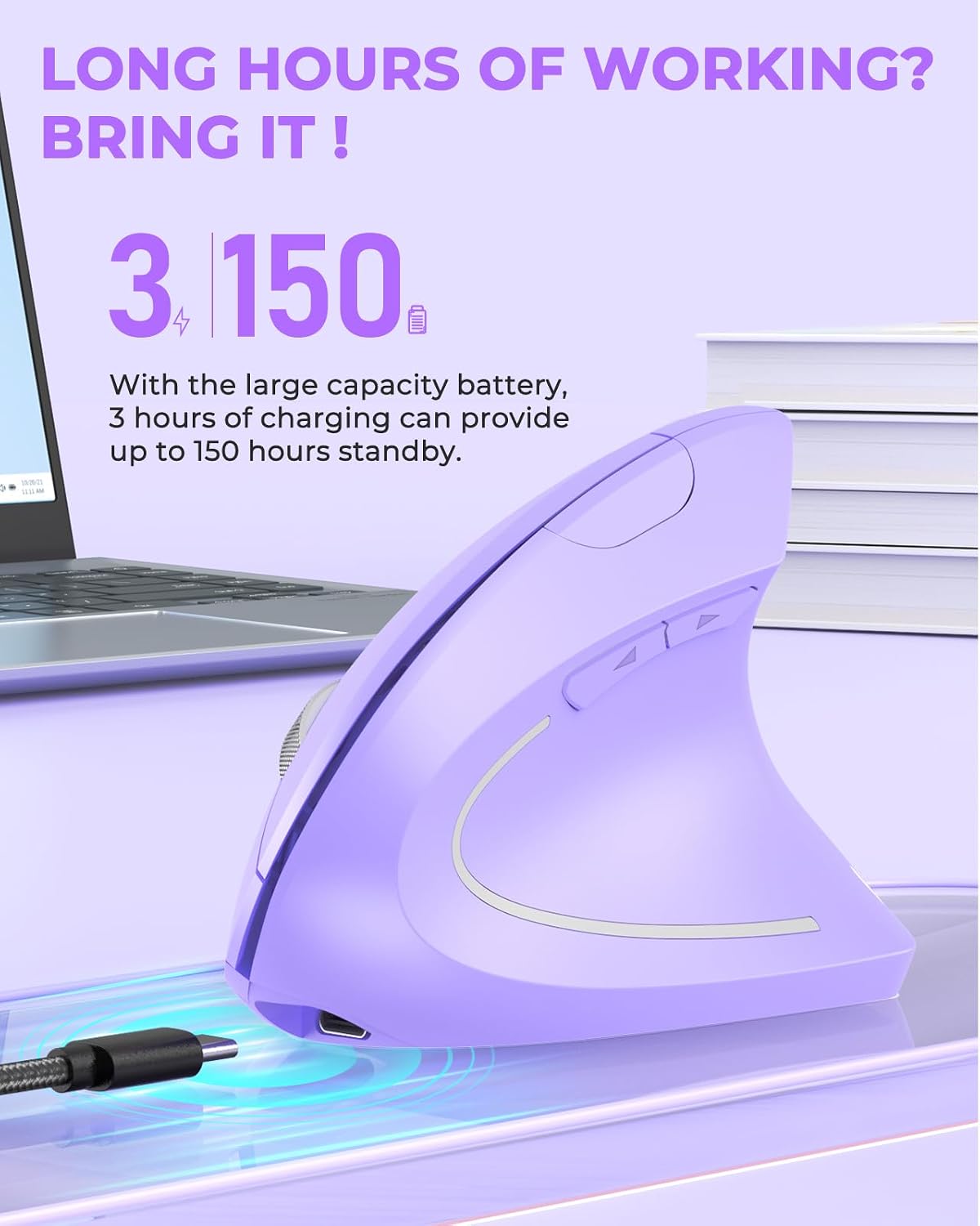 Lekvey 2.4G 1000/1200 1600 6 Ergonomic Mouse, Vertical Wireless Mouse, Rechargeable Optical Carpal Tunnel Mice with USB
