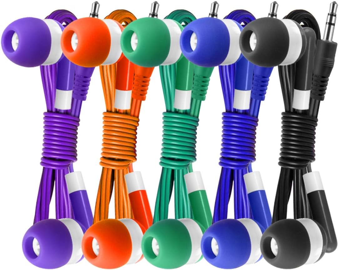 30 Pack 5 Keewonda Multi Color Earbuds for Kids, In-Ear, Wired, Colors (Black, Blue, Orange, Green, Purple), Compatible