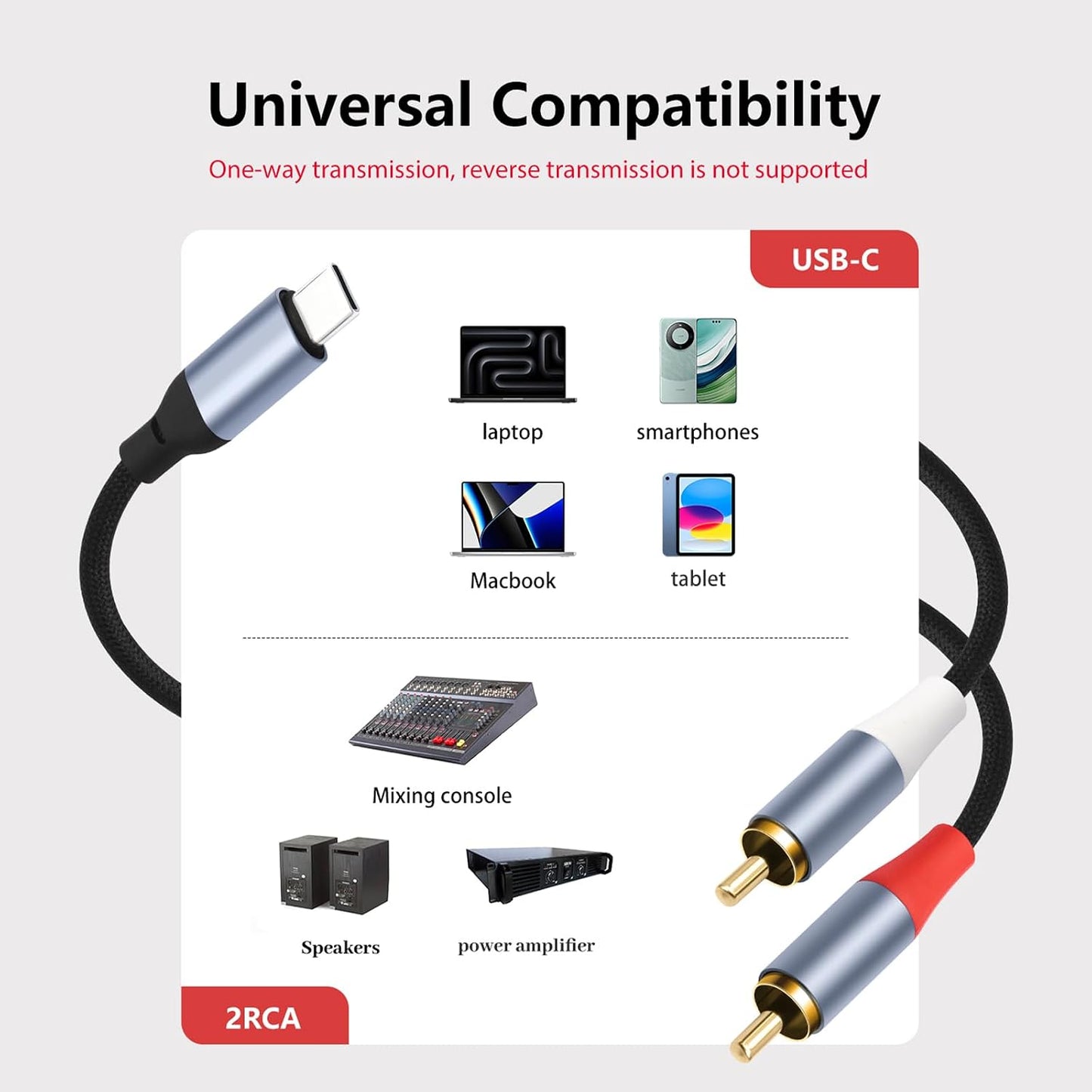 3.3FT USB-C to Dual RCA Cable - Digital to Analog Audio Cable with DAC Chip, Gold-Plated RCA Connectors, Dual-Shielded