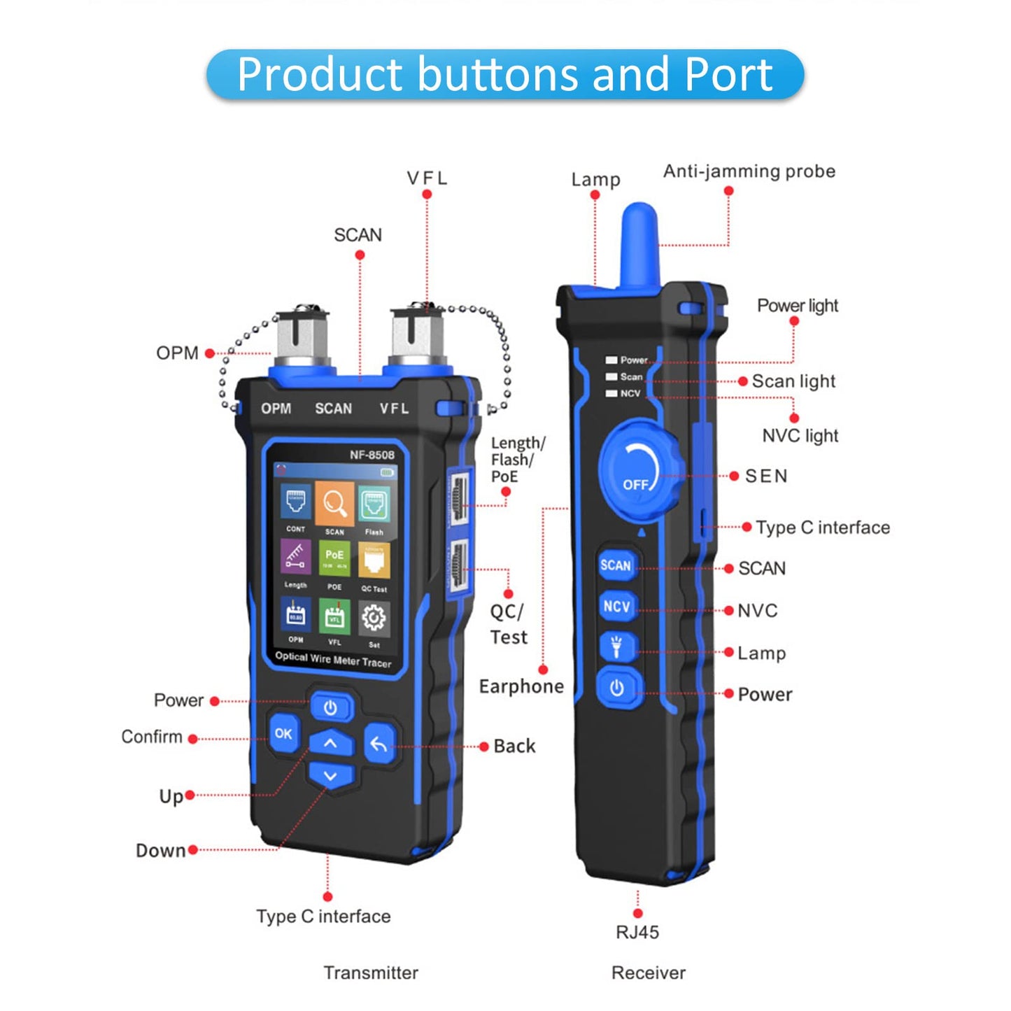 NOYAFA NF-8508 Network Cable Tester with Optical Power Meter, CAT5 CAT6 Cable Toner Ethernet Cable Tester, RJ45 Network Tester, VFL PoE QC Test Wire Tracer Port Flashing 200M Length Test