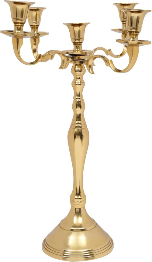 Metal Candelabra | Five Arm Decorative Candlestick Holder - 16 Inch Tall - Elegant Gold Centerpiece for Weddings & Events