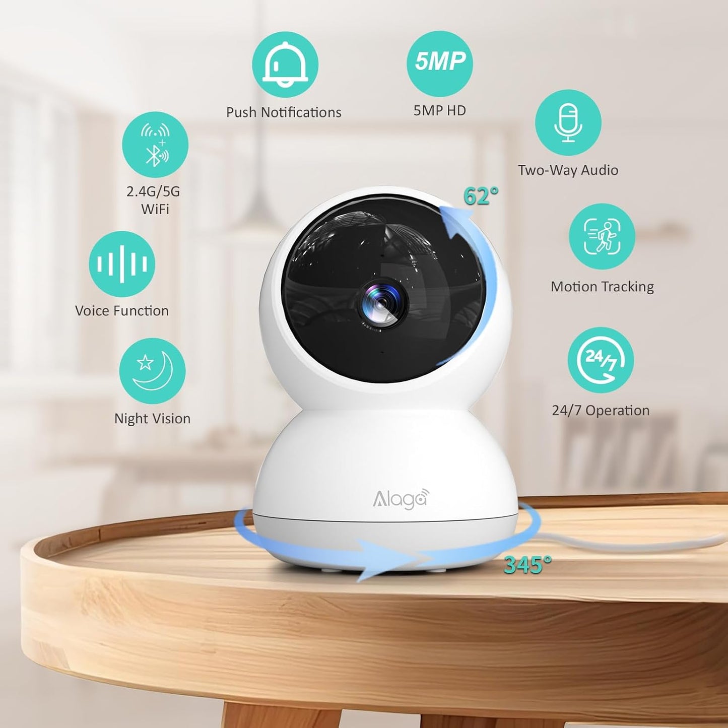 Alaga 3K 360 2-Way 2.4G 5G Indoor Camera, HD Indoor Security Camera, Pan/Tilt Pet Camera, Audio, Siren, Night Vision