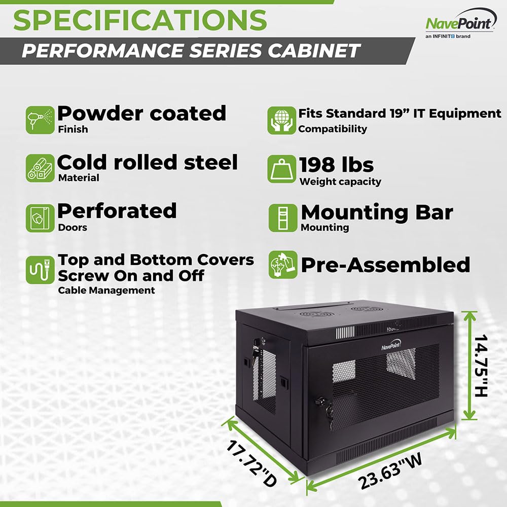 NavePoint 6U Server Cabinet Wall Mount Rack Enclosure with Perforated Door, Locking, Removable Side Panels – 6U Network Cabinet 17.7” Deep, 19 Inch Server Rack for IT and A/V Equipment