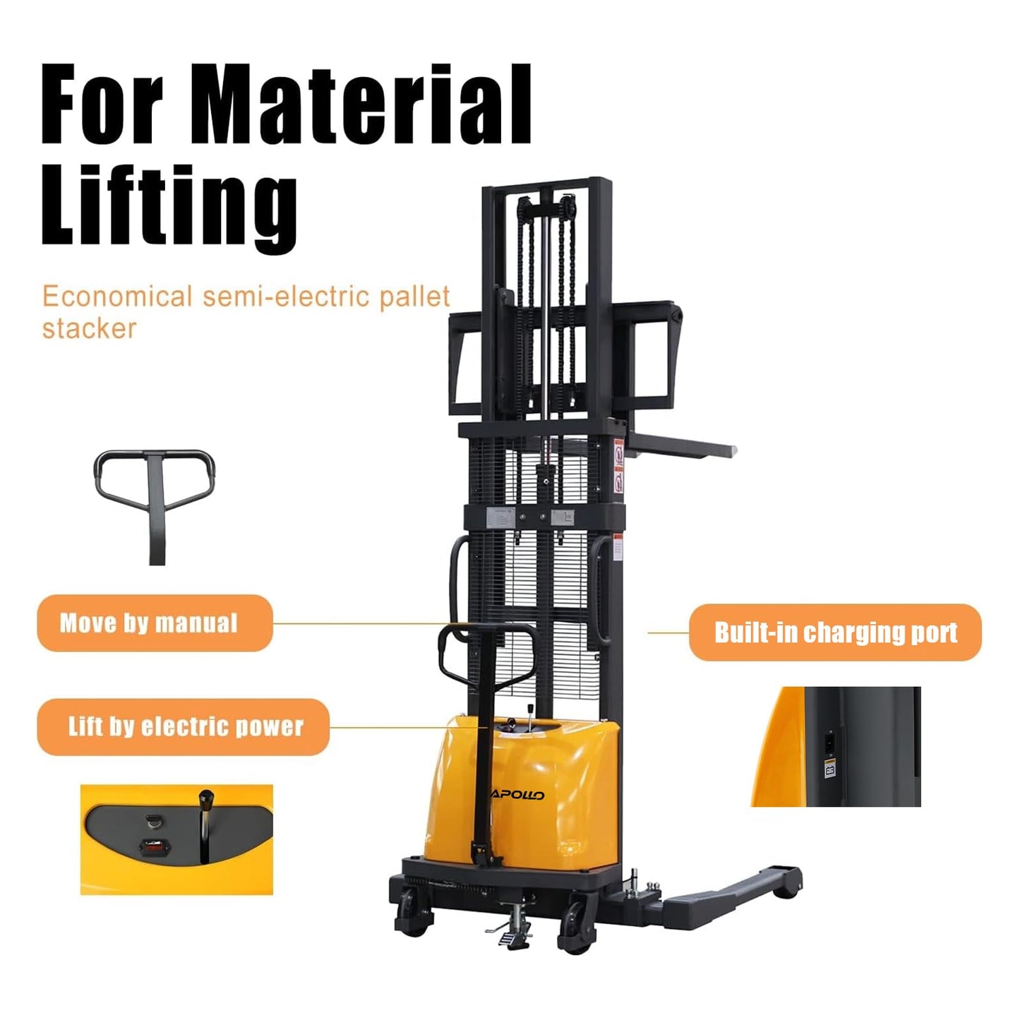 APOLLO Semi Electric Pallet Stacker Economy Hand Pallet Lift Stacker Forklift with Straddle Legs 3300lbs Capactiy 98" Lifting Height