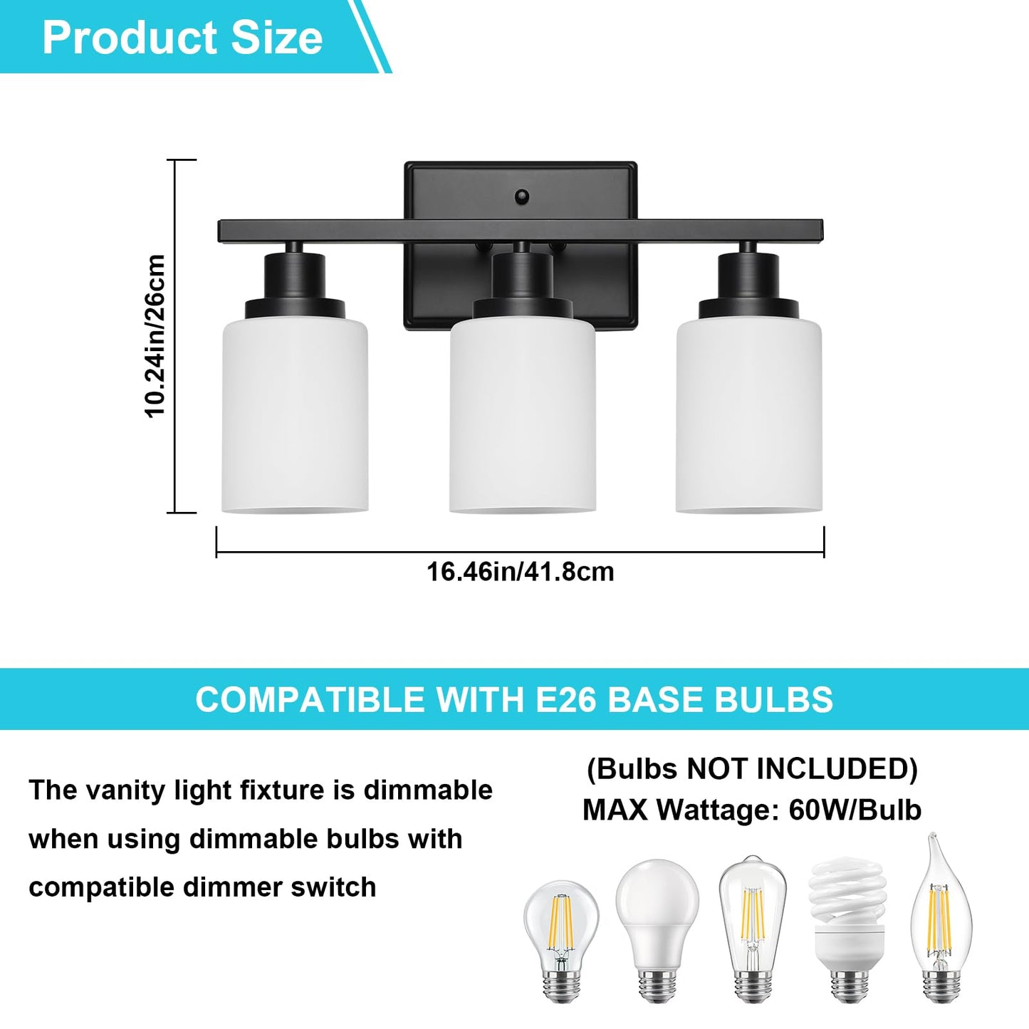 Ascher Bathroom Light Fixtures, 3-Light Vanity Light Over Mirror, Modern Matte Black Wall Sconces with Milky White Shades, Wall Lamp for Kitchen Hallway Cabinet Porch E26 Base