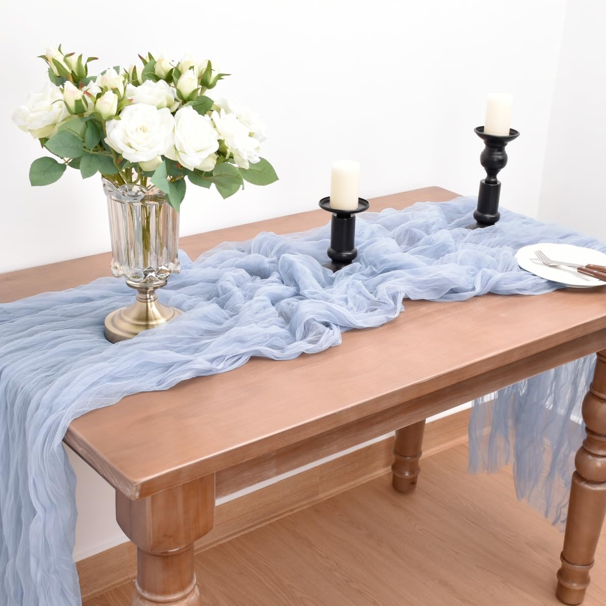Joanlody Blue Cheesecloth Table Runner Spring Summer 10Ft Rustic Gauze Boho Cheese Cloth Table Runner for Wedding Bridal Baby Shower Decoration 4 Pack