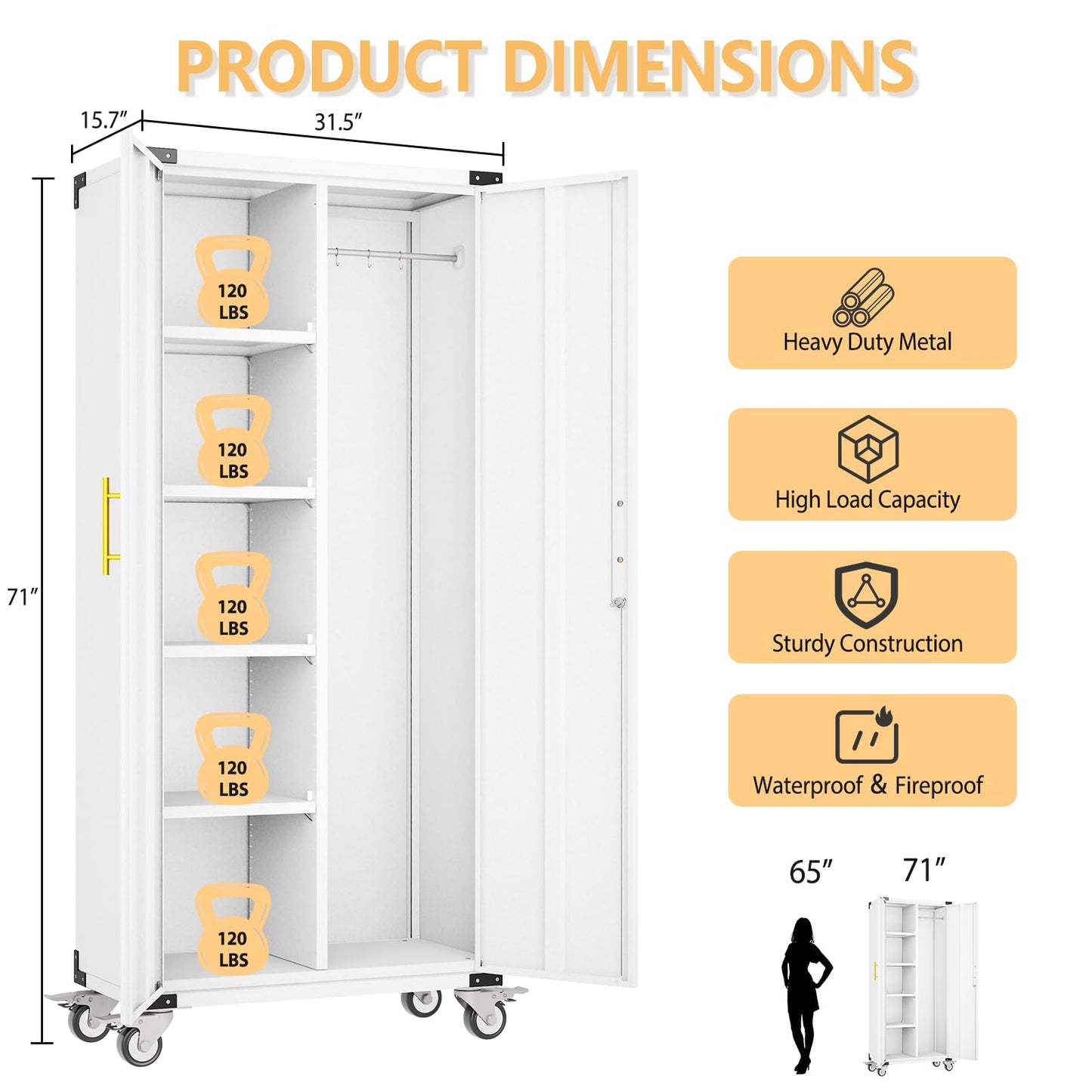 pozdeg Broom Closet Garage Storage Cabinet with Wheels, 71" Metal Cleaning Cabinets with Hooks and Hanging Rods, Tall Freestanding Lockable Tool Utility Cabinet for Home, Office (White)