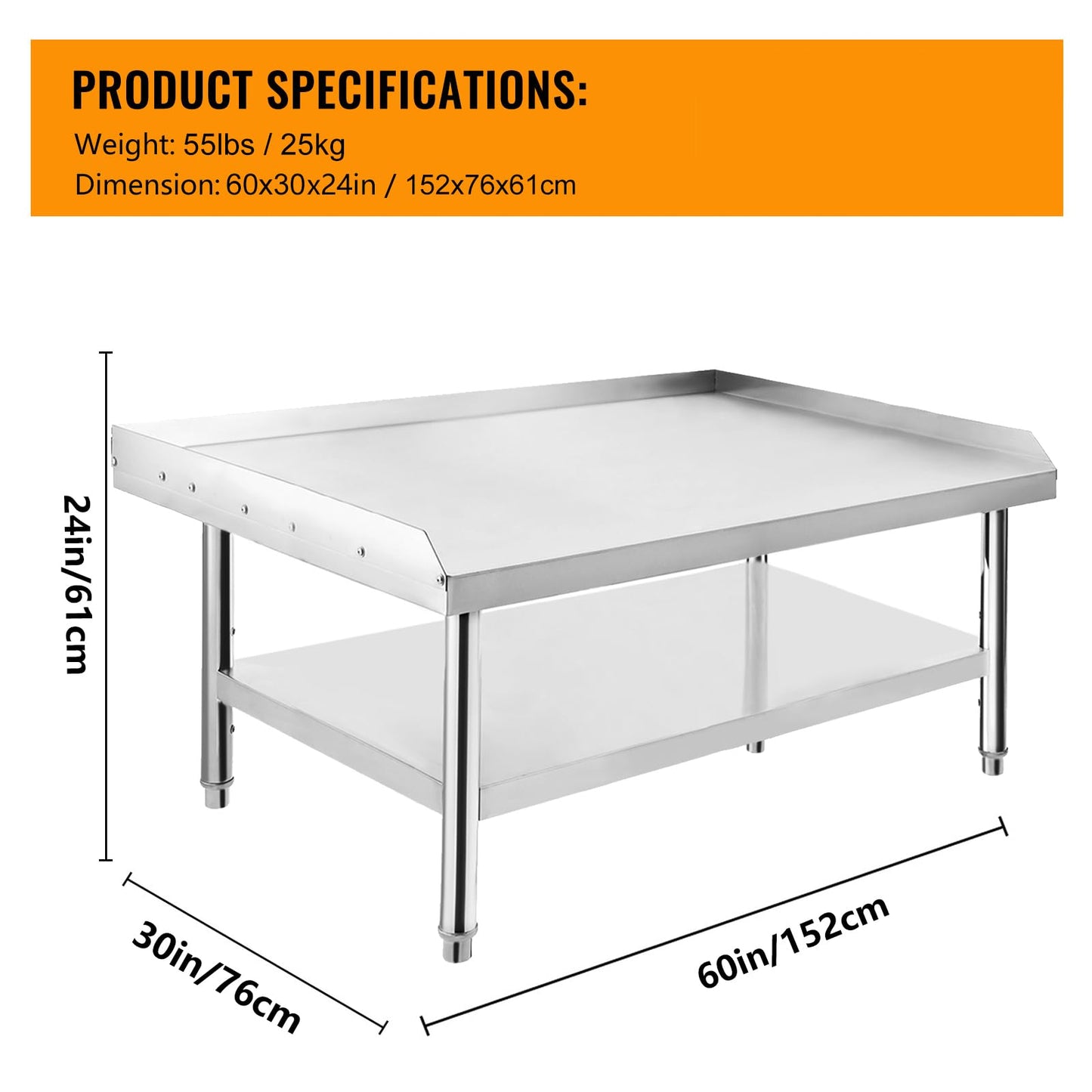 GarveeTech Stainless Steel 60x30x24 inch Equipment Grill Stand Table, 660 LBS Top and Bottom Shelf, Adjustable Legs, 2 inch Edge Baffle, for Hotel, Home, Commercial Restaurant Kitchen