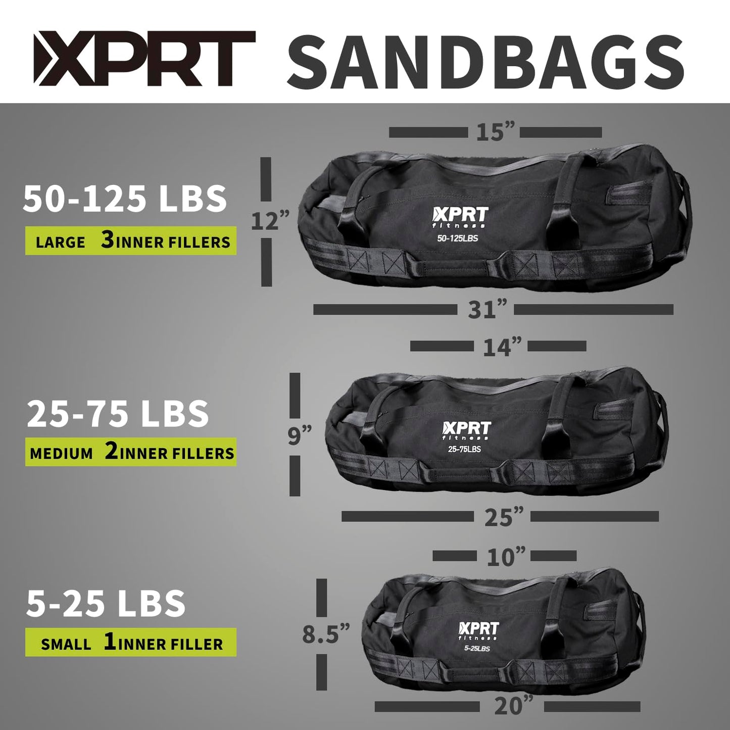 XPRT Fitness Workout Sandbag for Heavy Duty Workout Cross Training 7 Multi-positional Handles - Color Army Green/Black/Camo (Black Set of 3, Small+Medium+Large)
