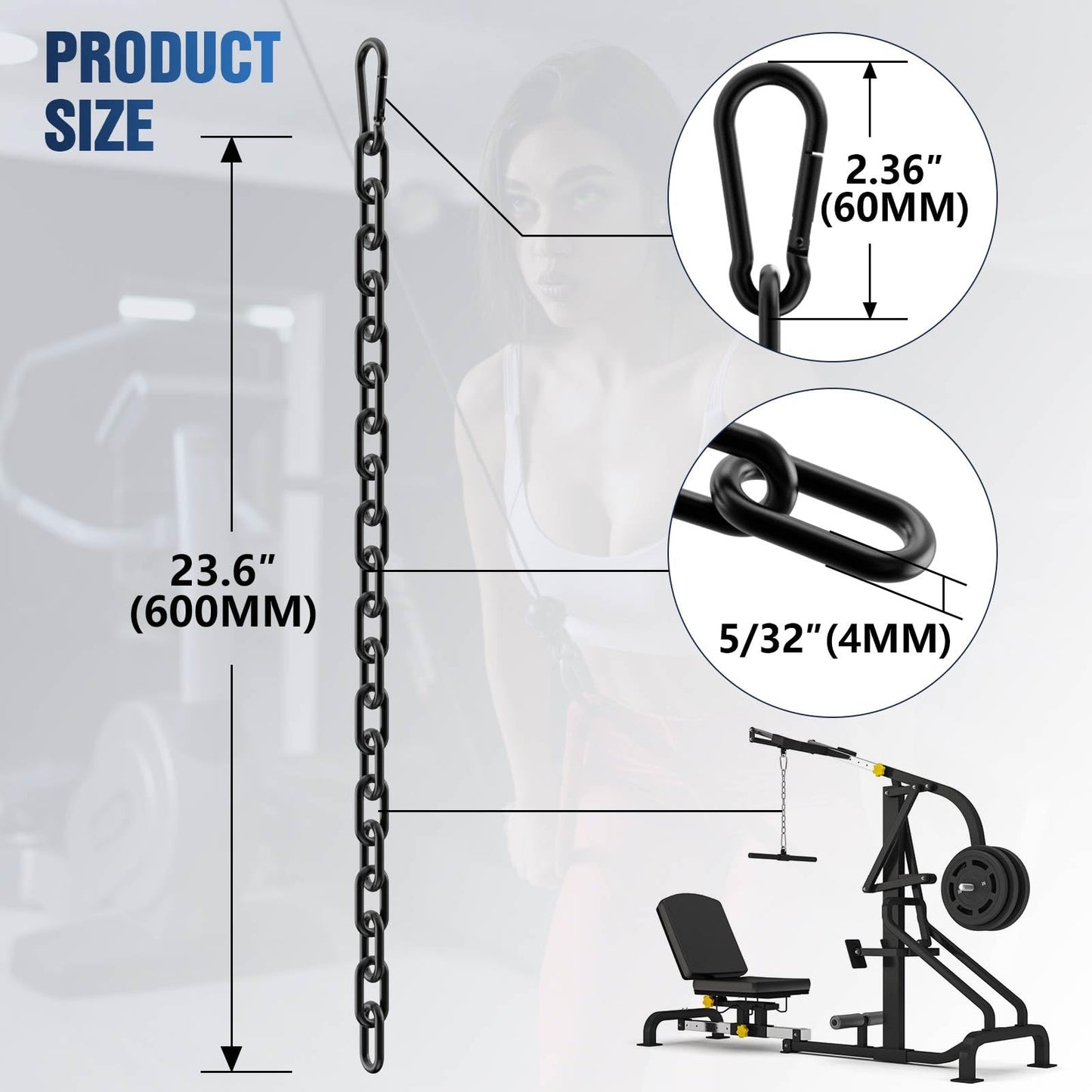 Mixizigoz Fitness Chain, Weight Lifting Chain, 304 Stainless Steel Exercise Cable Machine Extension, LAT Pulldown Bar Extension Attacment for Home Gym (Black-4mm 2pcs)
