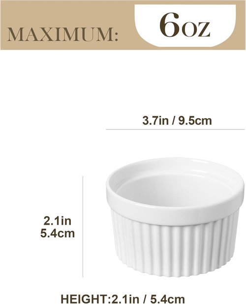 MALACASA Ramekins - 6 oz Oven Safe Porcelain Baking Cups for Creme Brulee & Pudding | Set of 6 White