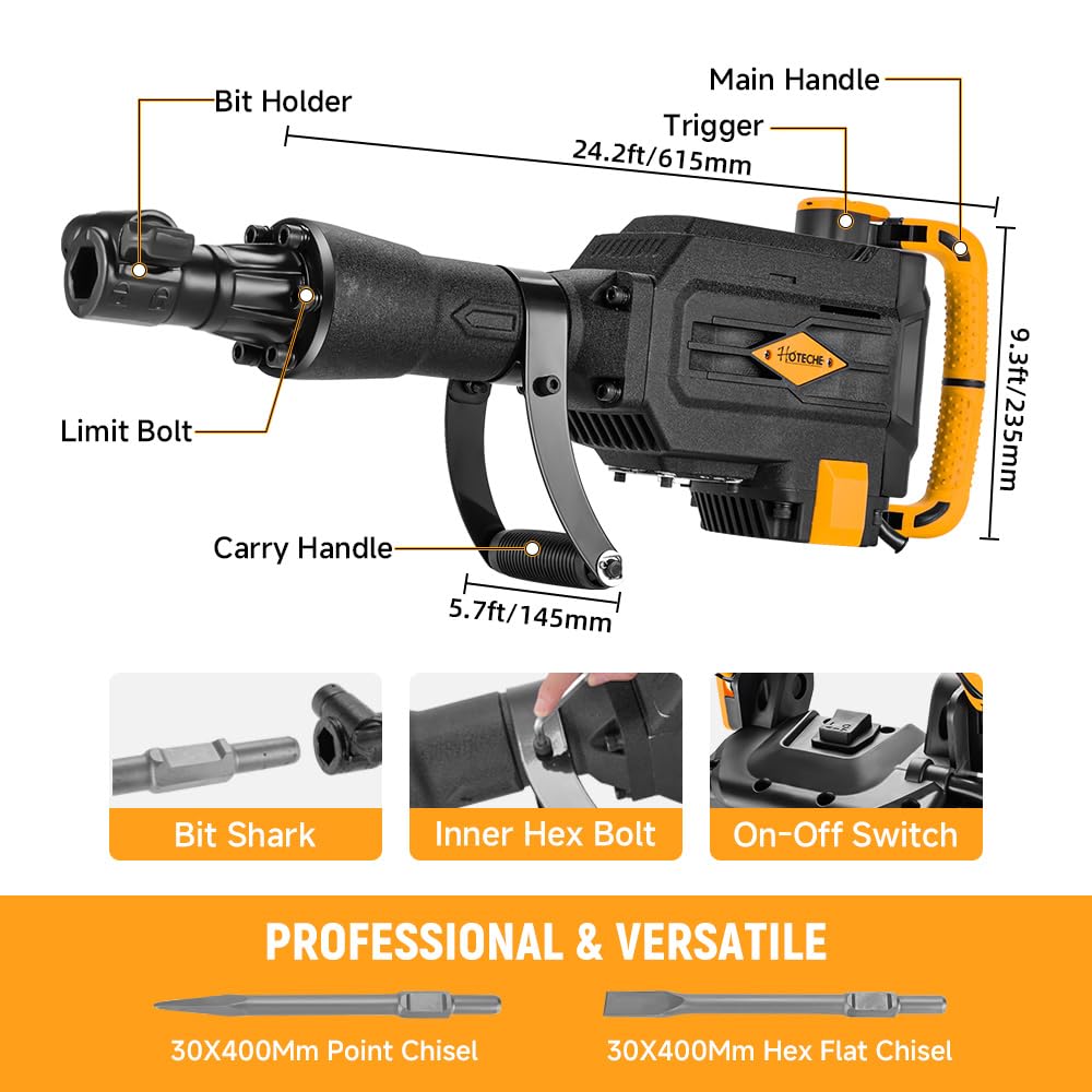 Hoteche 1800W Demolition Electric Jack Hammer 1800 BPM Heavy Duty Concrete Breaker with Point and Flat Chisel