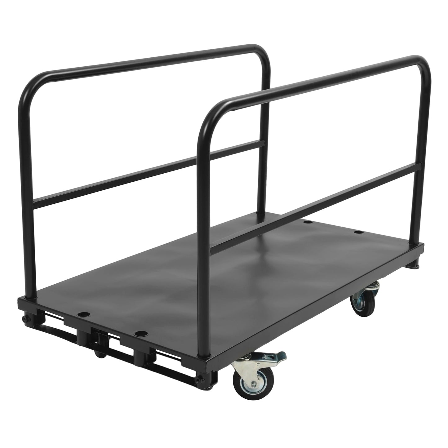 Reniecy Truck Cart 42x24 inch Platform Lumber Drywall Flat Dolly Cart with 1 Front & 2 Side Handrails & 4 Swivel Casters for Loading and Storage 2200 lbs Capacity Steel Powder Coated Black