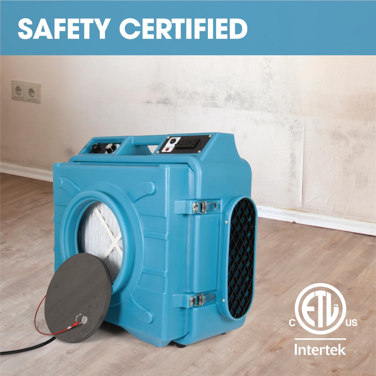 PURAERO HEPA Air Scrubber with GFCI Outlets for Daisy Chain | 1/4 HP, 675 CFM, 2.2A | Water Damage Restoration, Grow Rooms | PA-600-HAS | Blue