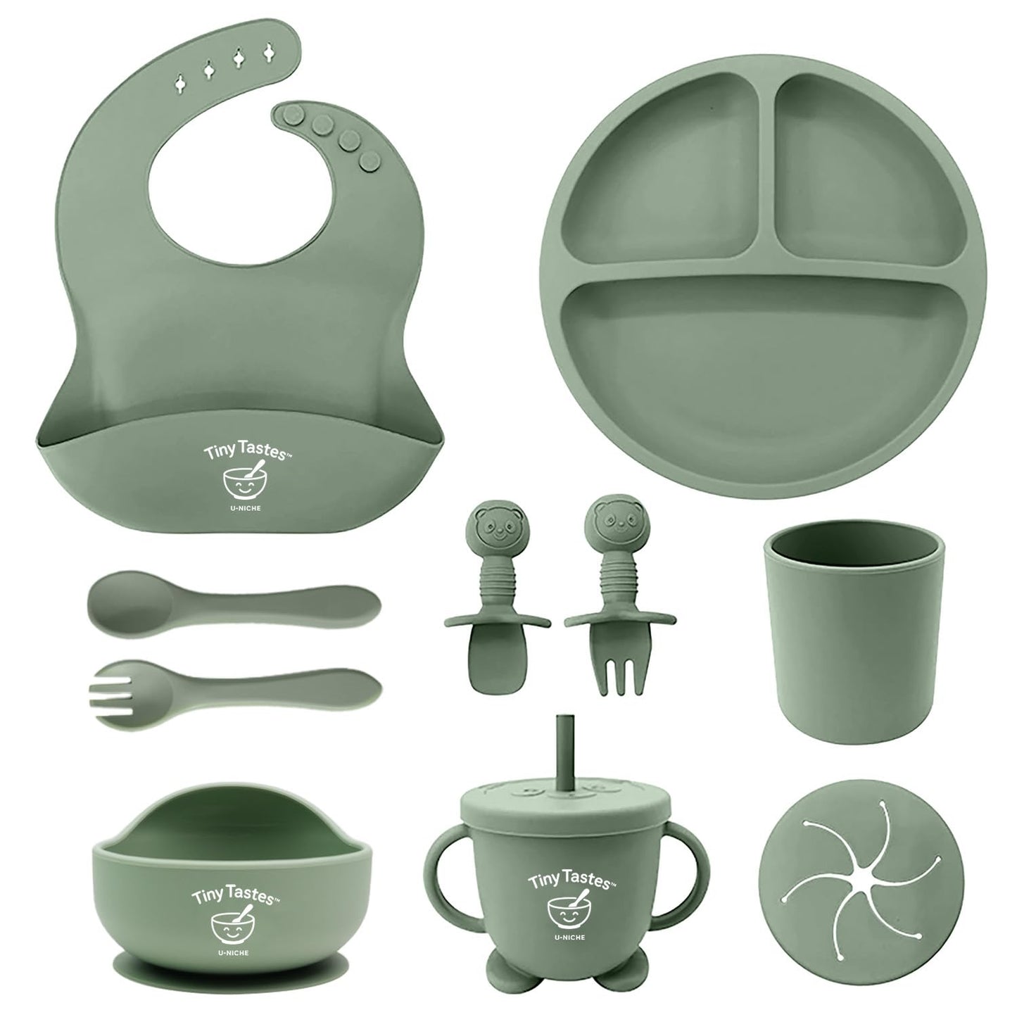 Tiny Tastes 10-Piece Silicone Baby Feeding Set – BPA-Free, Spill-Proof Suction Plate, Bowl, Bib, Snack Cup & Utensils | Dishwasher Safe, Baby Gift Ready (Green)